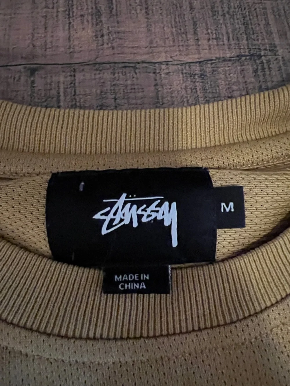 Stussy Mustard Short Sleeve Logo Tee with Black & White Ringer Trim - Picture 2 of 6